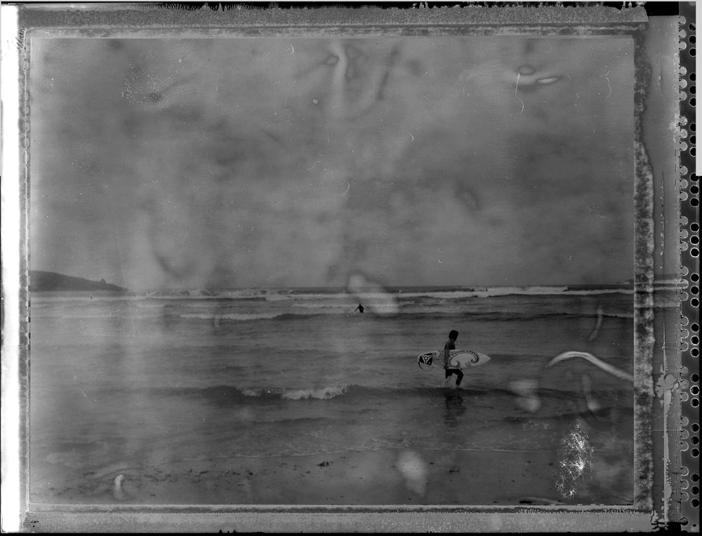 Polaroid image of surfer at Harlyn