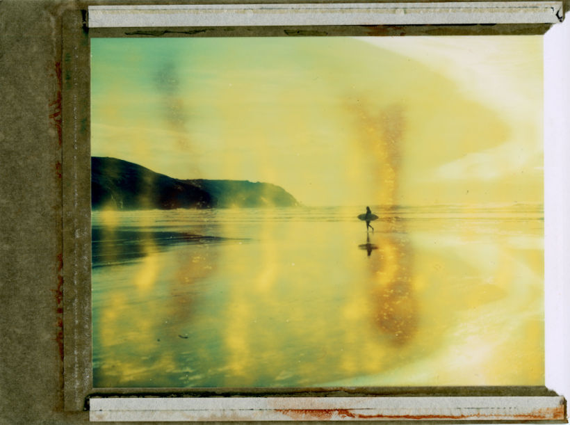 Polaroid image of a surfer at Perranporth