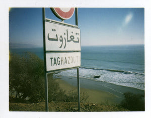 Polaroid of road sign in Taghazout, Morocco